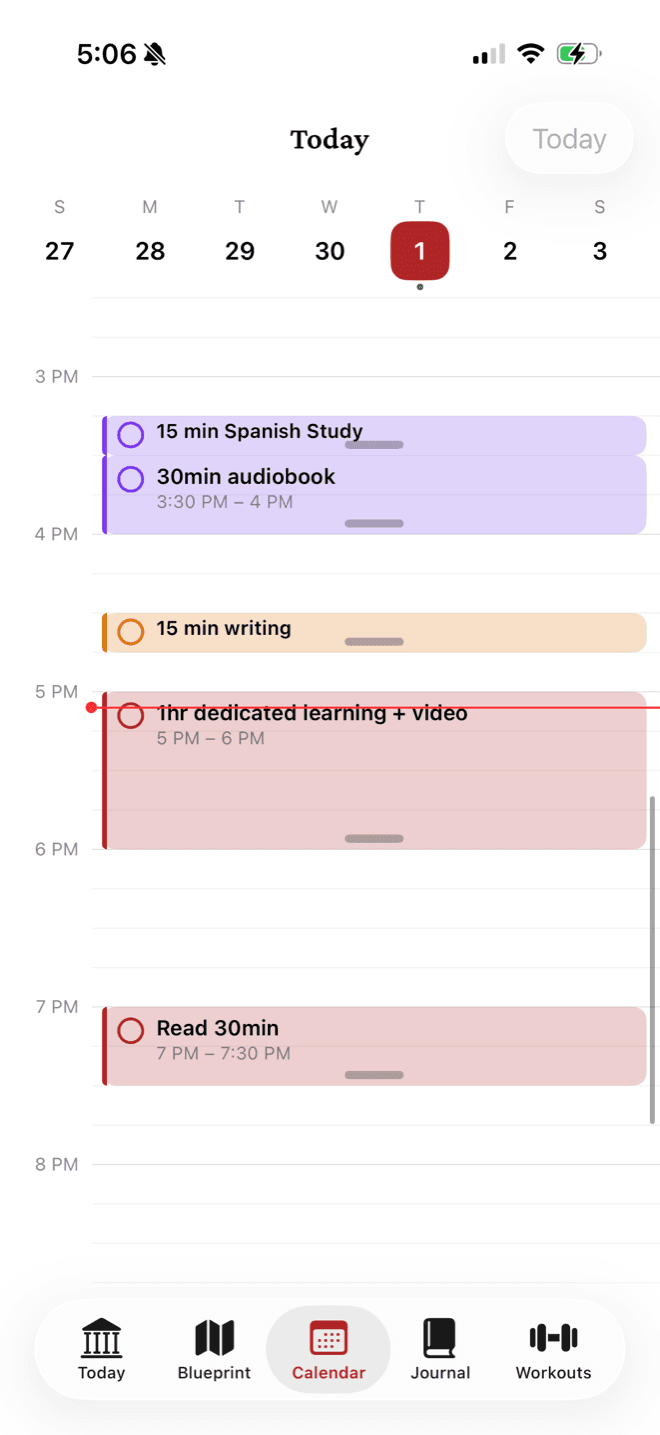 Telora's Calendar screen: a day grid with habit blocks placed at their times.