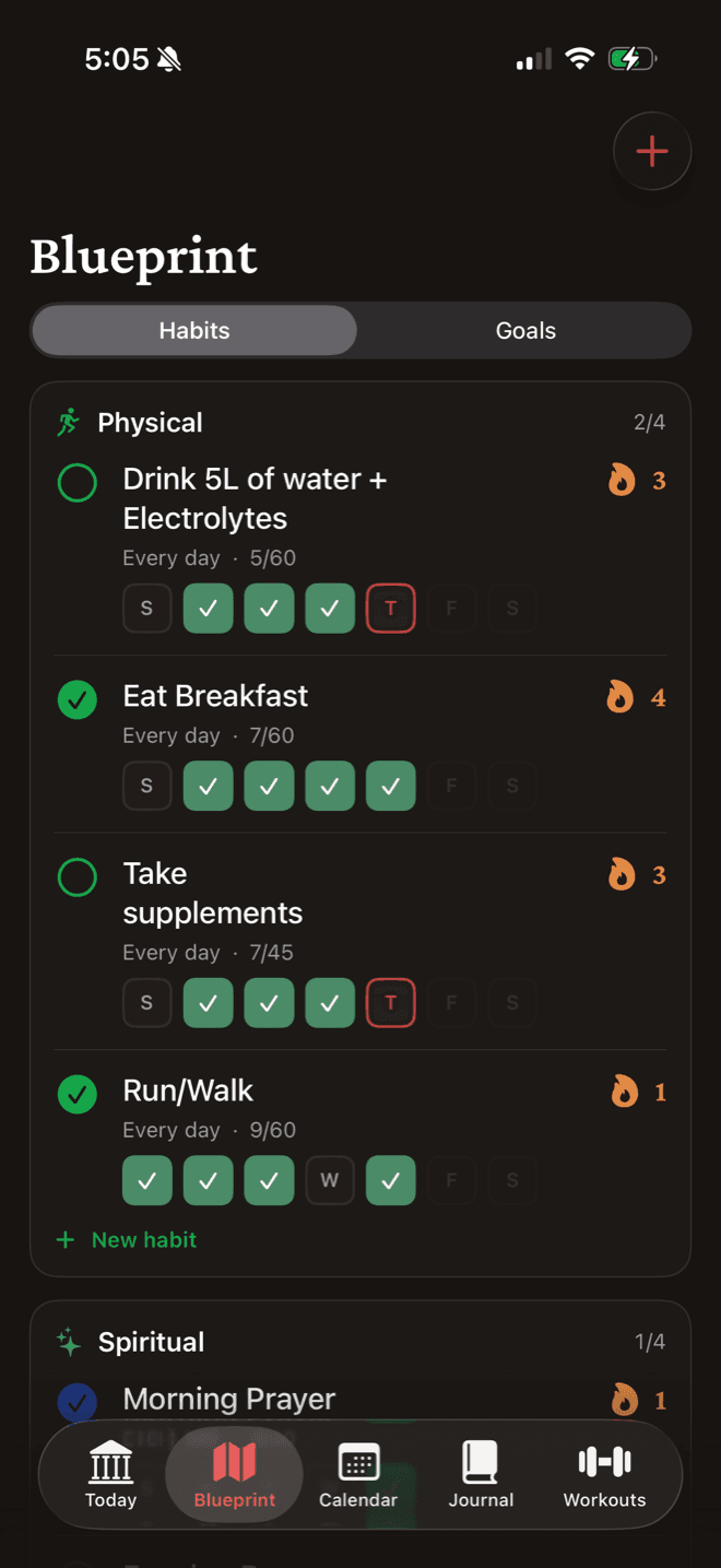 Telora's habit list: each habit shows the week's check marks and its streak.