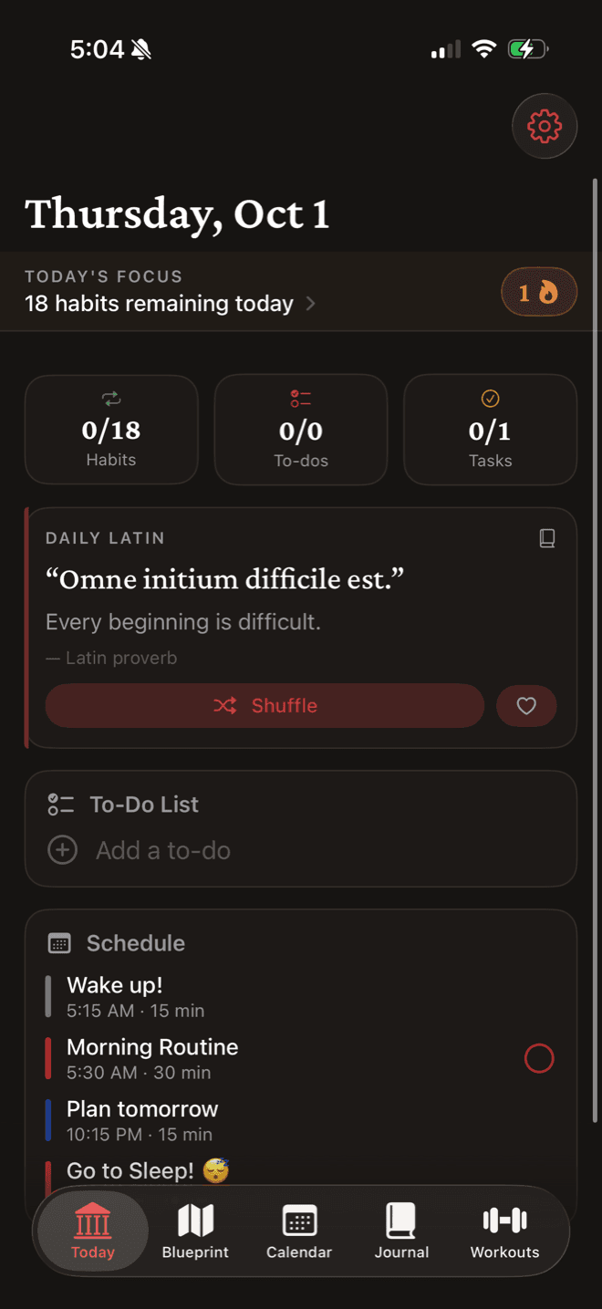 Telora's Today screen: the date, today's focus, habit and task counts, a daily Latin quote and the schedule.